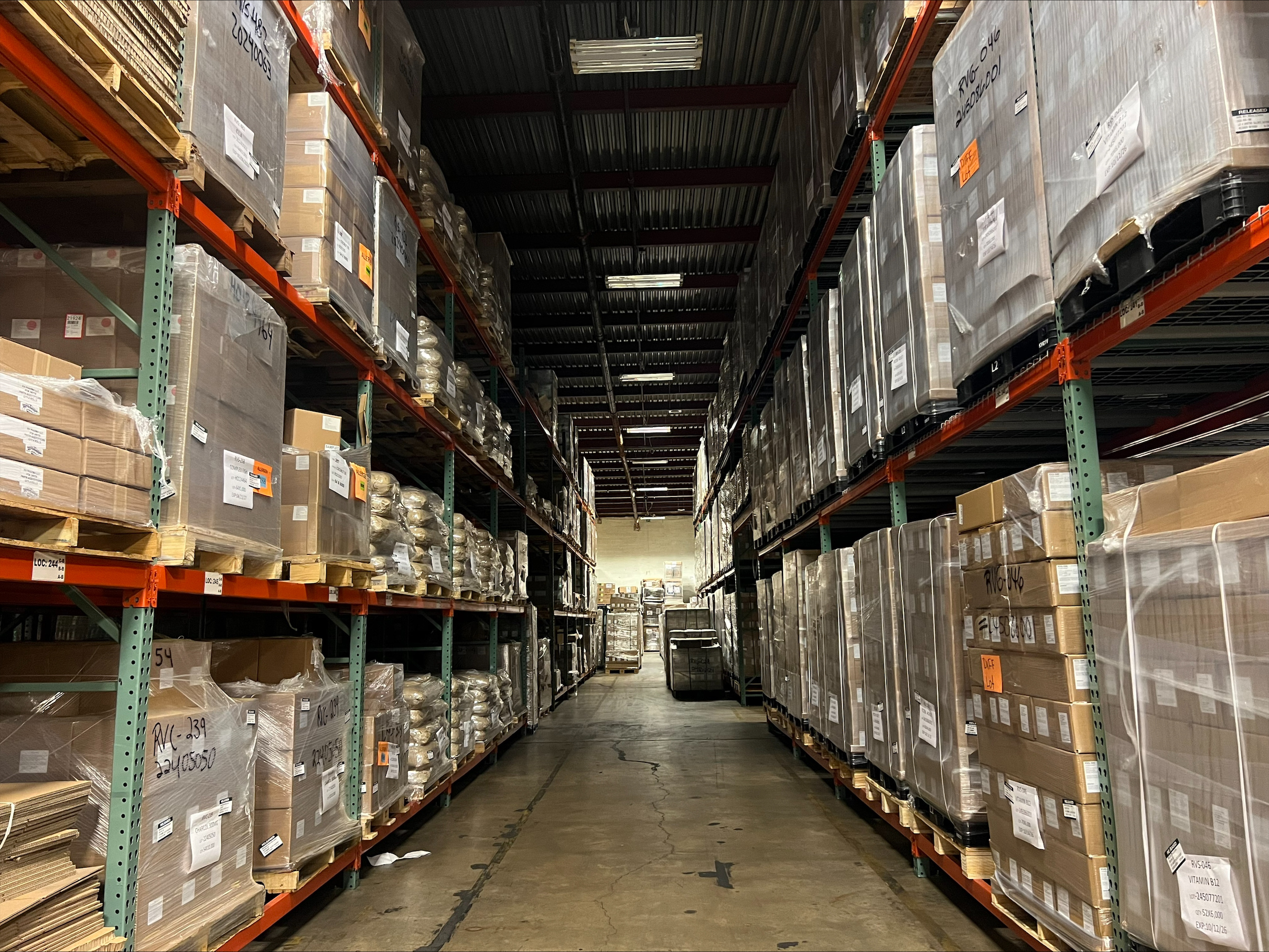 RV Pharma wholesale distribution facility with racked supplement inventory
